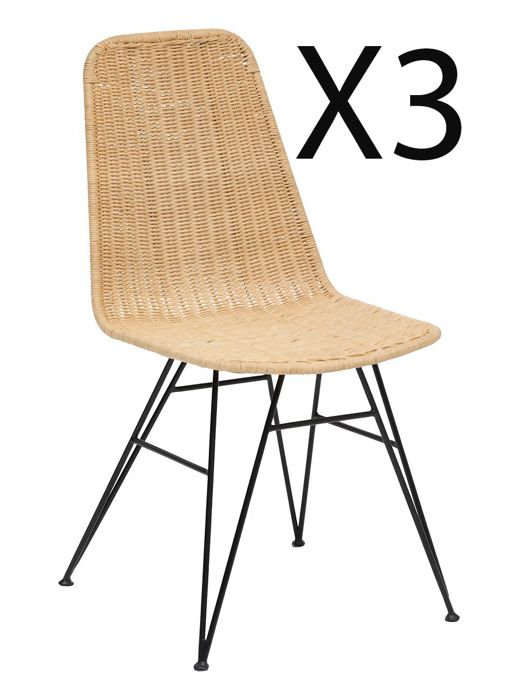 lot de 3 chaises de salle à manger en bois de rotin beige et pieds coloris noir - longueur 46,5 x profondeur 53 x hauteur 86  cm